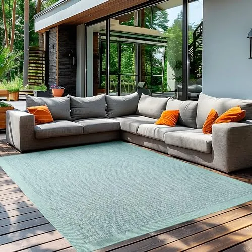 Teppium Modern Outdoor Teppich Wetterfest 140 x 200 cm Blau- Flachgewebe Sisaloptik Balkon Teppich Wasserfest - Waschbarer Teppich für Garten, Terrasse, Camping und Küche