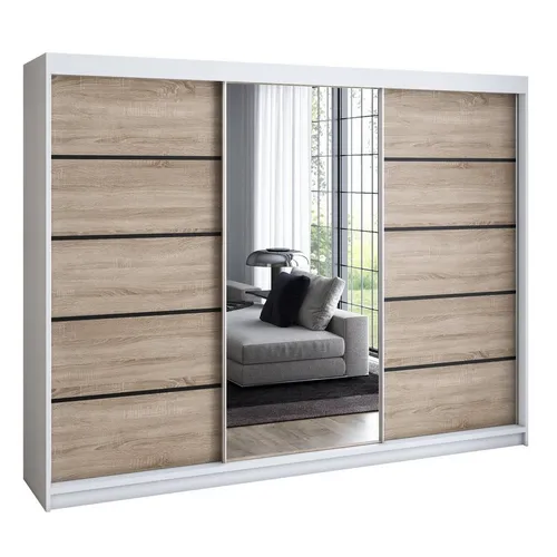 VILANO 2 Schwebetürenschrank 200 cm - Geräumiger 3-türiger Kleiderschrank mit 4 Schubladen und modernem Design. Hochwertige Laminatplatte und Schiebetürsystem für müheloses Öffnen.