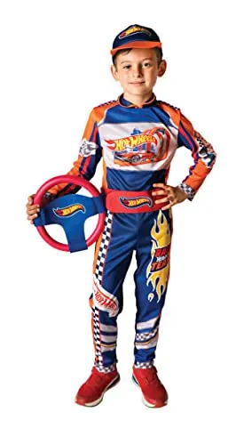 Ciao- Hot Wheels pilot suit Race Team costume disguise official boy (Size 8-10 years) with foam steering wheel, Blue, Orange
