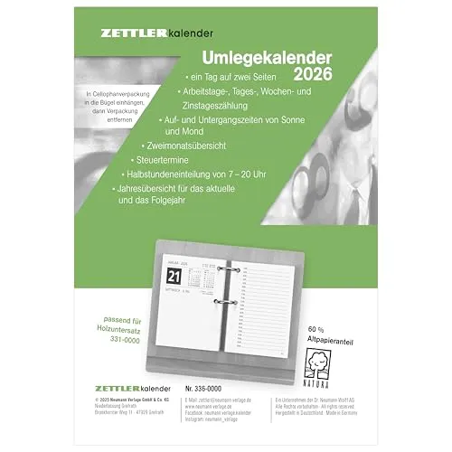 Zettler Umlegkalender 1T/2S 2026 - Terminkalender mit 384 Seiten, ideal für eine präzise Zeitplanung dank Stundeneinteilung und praktischer Jahresübersicht.
