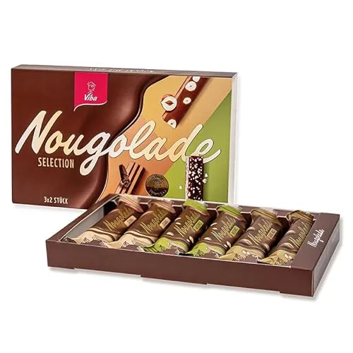 Viba Nougolade Selection Geschenkbox – 6er-Set Nougat-Riegel (210 g) – Mischung aus feinem Haselnussnougat mit Nüssen & Schokolade – Geschenkidee für Genießer