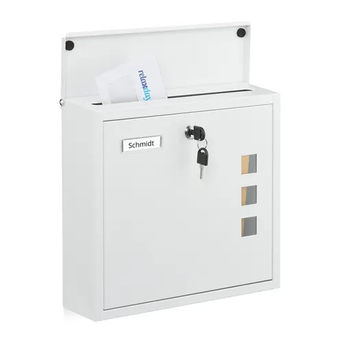 relaxdays Wandbriefkasten mit Sichtfenster, weiß - Moderner Briefkasten aus hochwertigem Eisen mit großem Einwurfschlitz für DIN C4 und 3 Sichtfenstern, die jederzeit anzeigen, ob Post angekommen ist. Ideal für jede Hausfassade.