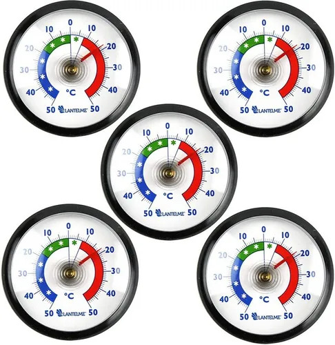 Lantelme Kühlschrankthermometer 5 Stück Set Selbstklebend Gefrierschrank Kühltheken Thermometer, 5-tlg., mit Klebepads im Set, Deutsche Herstellung, Farbliche Skala, Temperauranzeige + - 50°C