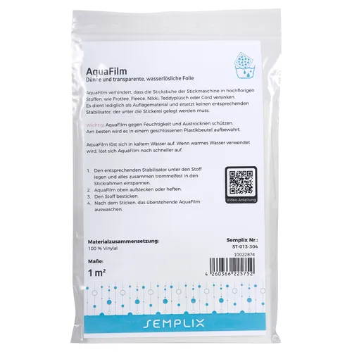 Semplix AquaFilm (dünne, wasserlösliche Folie transparent  1 x 1 m) zum Sticken
