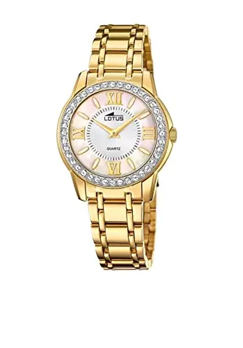 Lotus Damen Armbanduhr aus Edelstahl in der Farbe Gold-Creme mit Glassteinen 33mm, Wasserdichtigkeit: 5Bar, 18888/1