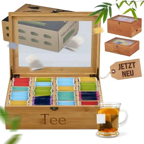 WALDWERK Design Teebox (9 Fcher) - Tee Aufbewahrung aus robustem  Akazienholz - Plastikfreie Teebeutel Aufbewahrungsbox - Teebox gro mit  Zubehr fr Wandmontage - Teebox Holz | Testberichte.de