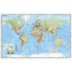 Weltkarte deutschsprachig. Wandkarte mit Flaggenrand