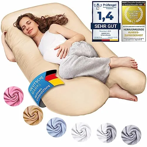 SMOOTHY Schwangerschaftskissen U-Form - Schwangerschaftskissen & Seitenschläferkissen, bietet optimale Unterstützung für Rücken und Wirbelsäule, abnehmbarer Bezug aus 100% Baumwolle, ideal für erholsamen Schlaf.