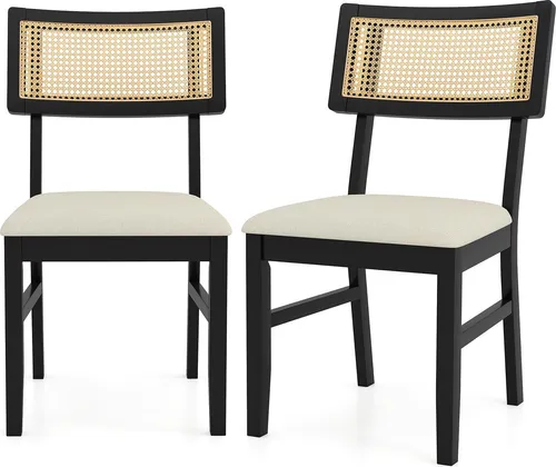 COSTWAY Esszimmerstühle Rattan 2er Set – Gepolsterte Holzstühle für Küche und Esszimmer