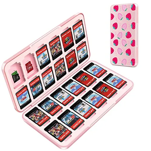 OLDZHU Süßes Rosa Aufbewahrungsbox für Spiele Kompatibel mit Nintendo Switch Game Card,Game Case für Nintendo Switch OLED mit 24 Spielkartenfächer und 24 Micro-SD-Kartenslots,Hartschalen-Weichgummi