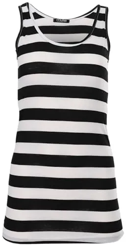 Easy Young Fashion - Damen Basic Trägertop - ärmelloses Longtop Extra Lang - Skinny Fit 9002 - OneSize (Weiß-Schwarz gestreift)