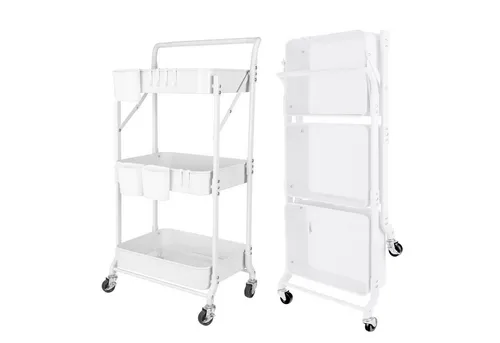 HomeGuru Beistellwagen 3 Etagen, klappbar - Beistellwagen mit 3 Etagen und 6 Haken, faltbar und stabil für vielseitigen Einsatz in Küche oder Wohnzimmer, hohe Belastbarkeit bis 50 kg.
