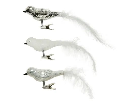 Kaemingk Christbaumschmuck, Christbaumschmuck Glas Vögel auf Clip 8cm 3er Set Silber / Weiß Mix