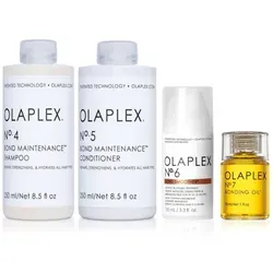 Olaplex Set - Shampoo No. 4, Conditioner No. 5, Bond Smoother No. 6 & Bonding Oil No. 7 - Olaplex Set für intensive Haarpflege: Shampoo, Conditioner, Bond Smoother und Bonding Oil sorgen für kräftiges, geschmeidiges Haar. Ideal für die Anwendung vor und nach dem Friseurbesuch.