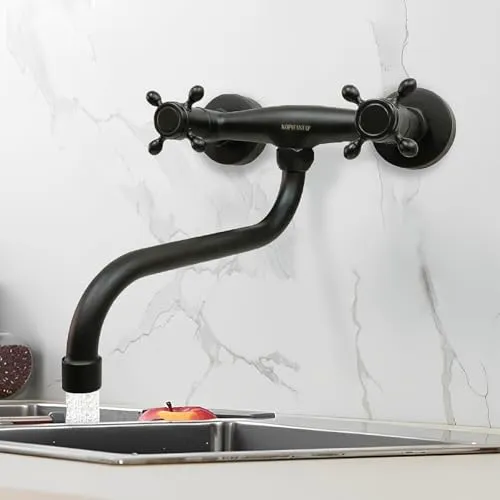 KOPYFANTAP Schwarz Wandarmatur Küche, Küchenarmatur Wandmontage 360°Drehbar Messing Doppelhebel Wand Wasserhahn Spültischarmatur, Schwenkarm 20cm Lang