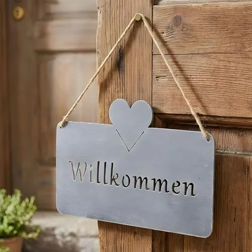 levandeo Türschild Willkommen Grau Beton Optik 25x16 cm Eisen Metall Wandbild Gartenschild Herz Dekoration Haustür Außendeko Hängedeko Garten