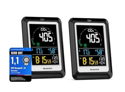 Newentor CO2 Messgerät mit Thermo-Hygrometer und Alarm, Schwarz, 2er Pack