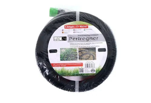 Alma Garden Bewässerungsschlauch Perlschlauch Tropfschlauch mit Löchern Perl Wasserschlauch Schlauch, 15 Meter, inkl. Anschluss und Wasserstoppadapter