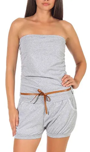 malito - Damen Jumpsuit - Einteiler mit Gürtel & Taschen - Bandeau Sommer Overall - kurzer trägerloser Playsuit - unifarbener Romper 8964 (Hellgrau)