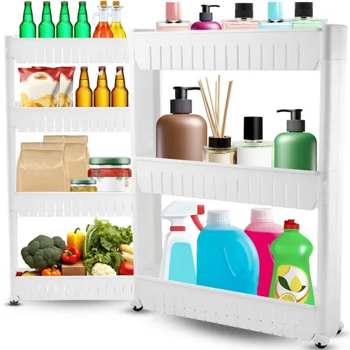 Rollwagen Küche Bad Modular 3 Ebenen & Rollen Aufbewahrungswagen, Servierwagen, Küchenregal, Badregal, Regal, Schmal für Küche, Bad, Büro, Weiß, Retoo
