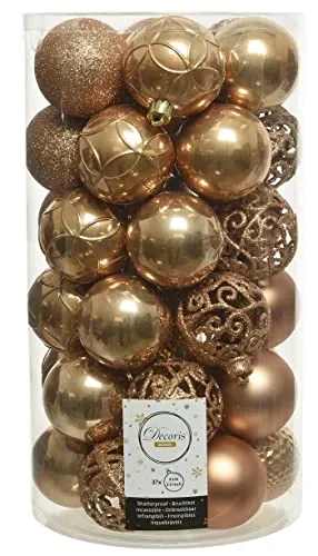 dekorativer bruchfester Kugelmix als 37er Set Weihnachtskugeln Baumkugeln bruchfest für innen und außen Durchmesser 6 cm in verschiedenen Oberflächen und Mustern (Cognac)