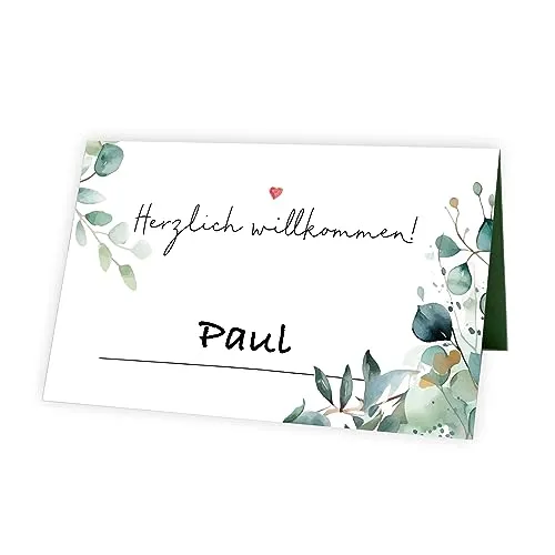 TOBJA Tischkarten Hochzeit Eukalyptus Design, 50 Stück | Stilvolle Platzkarten | Herzlich Willkommen Namenskärtchen | Leicht Beschriftbar - Namensschilder