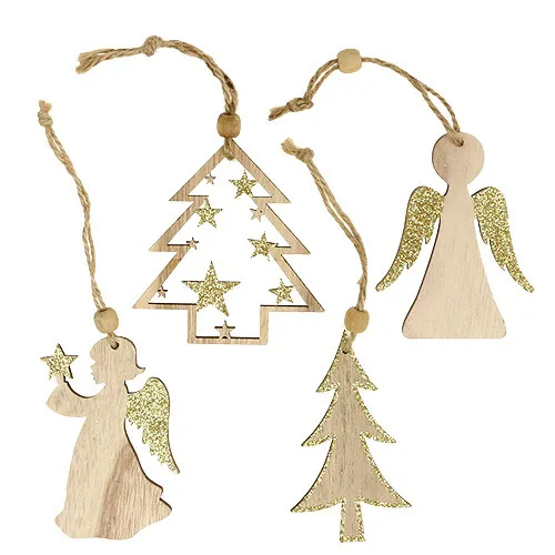 Weihnachtshänger Holz 10cm mit Glitter, Set aus 12 Christbaum Deko Anhängern,