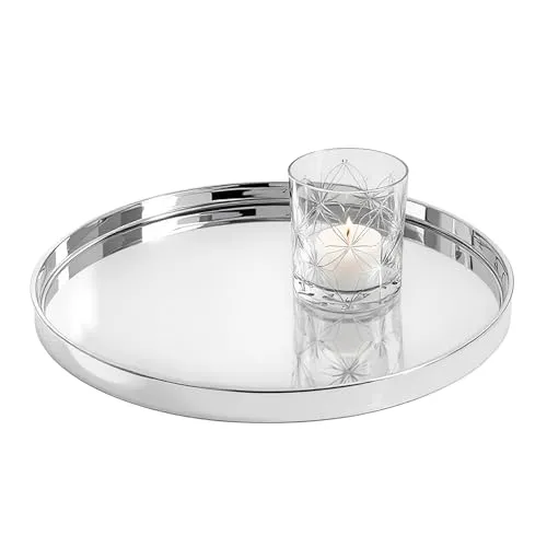 Metall Kerzentablett Silber rund - 30 cm - Deko Silbertablett glänzend mit Rand - Dekotablett Serviertablett Kellnertablett Dekoteller Kerzenteller Tablett für Dekorationen Geschenke Weihnachten