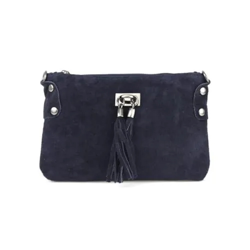Made in Italy Damen Wildleder Clutch Tasche mit Fransen - Elegante Schultertasche aus 100% italienischem Wildleder, ideal für besondere Anlässe. Mit abnehmbarem Schultergurt und stilvollen Fransen-Details. Größe: 24x16 cm, perfekt für einen glamourösen Auftritt.