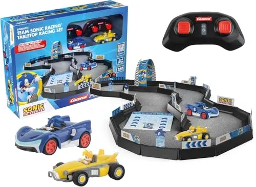 Team Sonic RacingTM Tabletop Racing Set - Carrera Renn-Set mit 2 Mini RC-Flitzern im Maßstab 1:43, inklusive 30 langen und 15 kurzen Leitplanken für individuell gestaltbare Rennstrecken. Perfekt für Kinder ab 6 Jahren und vollgepackt mit coolem Sonic-Design!