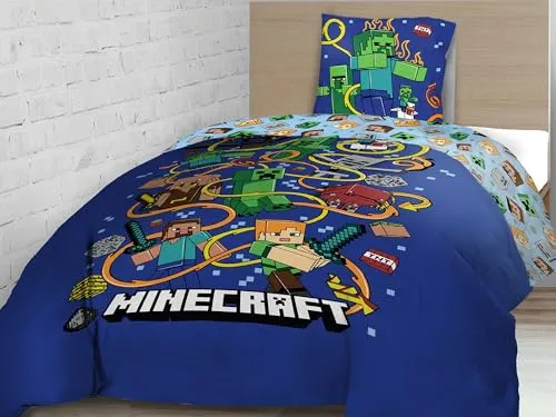 Familando Wende Bettwäsche-Set Minecraft Slurp - Bettwaren-Set für Kinder in 135x200 cm und 80x80 cm, aus 100% Baumwolle, mit coolem Minecraft Design und praktischen Reißverschlüssen - ideal für kleine Gamer!