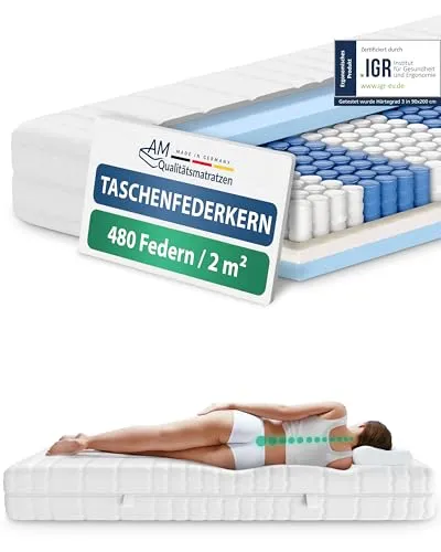 AM Qualitätsmatratzen Orthopädische 7-Zonen Taschenfederkernmatratze 90x190 cm - H4 - Hochwertige Matratze (90x190 cm) mit 7 Zonen für optimale Wirbelsäulenunterstützung und Punktelastizität. Made in Germany, OEKO-TEX zertifiziert und ideal für Allergiker. 30 Nächte Probeschlafen!