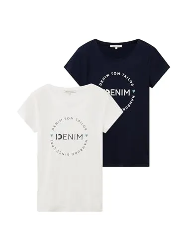 TOM TAILOR Denim T-Shirt 2er Pack - Trendfarbe Blau, kombinierbare T-Shirts für Frauen mit lässigem Aufdruck und hohem Tragekomfort im 2er-Pack.