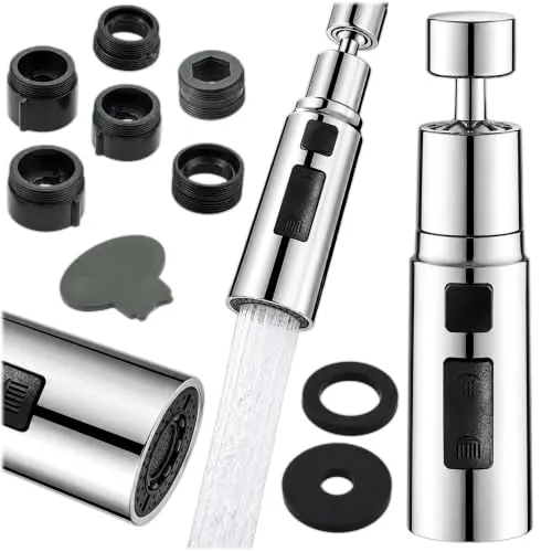 KRUMAD Wasserhahn Aufsatz Perlator mit Verlängerung | 14,5 x 3,5 cm, um 360° drehbar, 3 Wasserstrahlmodi, bis zu 85 Grad Wassertemperatur, Dichtungssatz, ABS