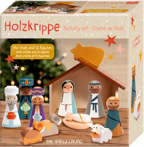 Holzkrippe - Winterzauber im Weihnachtswald - Weihnachtskrippen, hochwertige Holzkrippe mit zehn liebevoll bemalten Figuren für eine festliche Atmosphäre in Ihrem Zuhause.