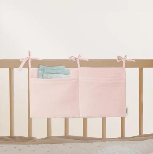 Babybett Aufbewahrungstasche aus 100% Baumwolle Musselin, für das Beistellbett, Babybett, Kinderbett. Ideal zum Verstauen von Windeln, Schnullern (Light Pink)