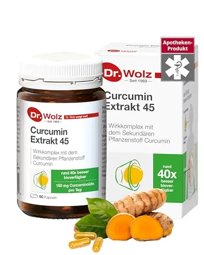 Curcumin Extrakt 45 Dr. Wolz 90 ST - Nahrungsergänzungsmittel mit 150 mg Curcuminoiden pro 3 Kapseln, vegan und glutenfrei, unterstützt die Gesundheit auf natürliche Weise.