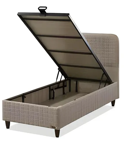 Beige Textil-Holz Bett im eleganten Design - Modernes Bett mit elegantem beige Textilbezug und stabiler Holzstruktur, ideal für stilvolle Schlafzimmer. Maße: 205 x 100 x 122 cm, inklusive getuftetem Design.