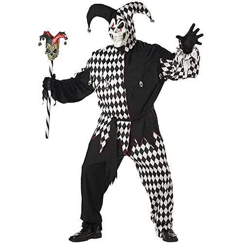 Generique Böser Clown-Kostüm für Herren - XXL Harlekin Halloween-Kostüm - Stilvolles Böser Clown-Kostüm in schwarz-weiss, bestehend aus Oberteil, Hose, Maske, Hut und Gürtel. Ideal für unvergessliche Halloween-Feiern. 100% Polyester, handwaschbar.