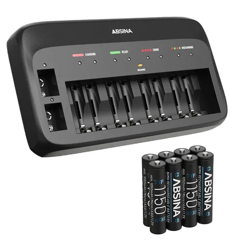 ABSINA Akku Ladegerät X10 - 10-Fach für AA, AAA & 9V - Ladegerät für Haushaltsbatterien mit Einzelschachtüberwachung, Schnellladung innerhalb von 2 Stunden und inkl. 8x AAA 1150 Akkus für sofortige Verwendung.