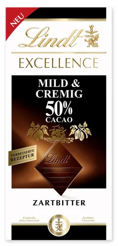 Lindt Excellence 50% Mild & Cremig Zartbitter 100g - Feine Schokolade mit 50% Kakaoanteil, cremig im Geschmack und ideal für Schokoladenliebhaber, die eine milde Zartbitternote schätzen.