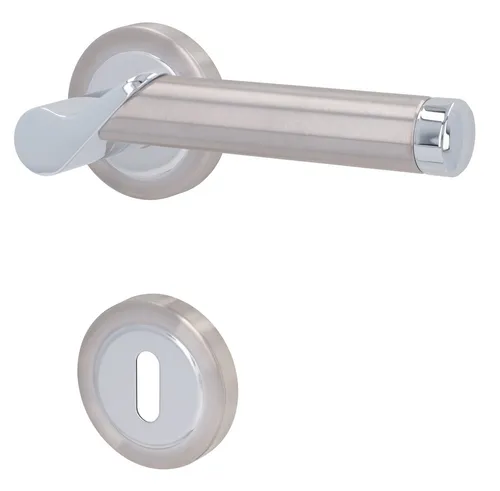 Alpertec Türgriff Türklinke Elena Rosettengarnitur Ø 55mm - Moderne Rosettengarnitur aus Chrom und satiniertem Edelstahl für stilvolle Zimmertüren. Robuste Verarbeitung und einfache Montage sorgen für Eleganz und Funktionalität in jedem Raum.