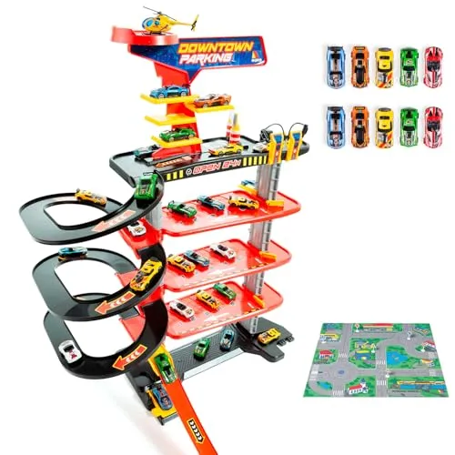 MOLTO | Spielzeugparkplatz 5 Etagen in der Innenstadt + 10 Autos + Spielmatte – Rampen, Schleifen und Hochgeschwindigkeitsstrecke – Tankstellen und Helikopterplattform