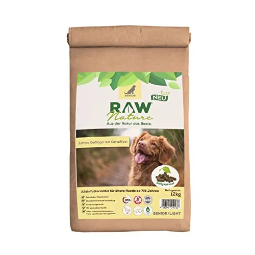 RAW Nature Trockenfutter Senior mit Huhn 12kg, Kaltgepresstes Hundefutter, Getreidefrei, 100% Muskelfleisch, hoher Fleischanteil, für alle Rassen und Sensible Hunde