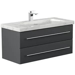 Badmöbel Marmor Carrara White YAMO 100 cm - Elegantes Waschbecken aus Marmor Naturstein, ideal für moderne Bäder. Der vormontierte Waschtischunterschrank in Hochglanzweiß bietet zusätzlichen Stauraum und SoftClose-Technologie.