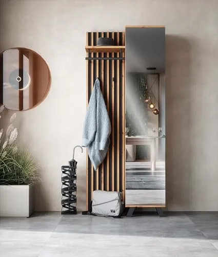 Newroom Kompaktgarderobe Barea.eight in Wildeiche & Anthrazit - Die stilvolle Kompaktgarderobe Barea.eight bietet optimalen Stauraum mit Spiegeltür, Hutablage und Kleiderstange. Modernes Design und robuste Materialien machen sie ideal für Flur oder Schlafzimmer.