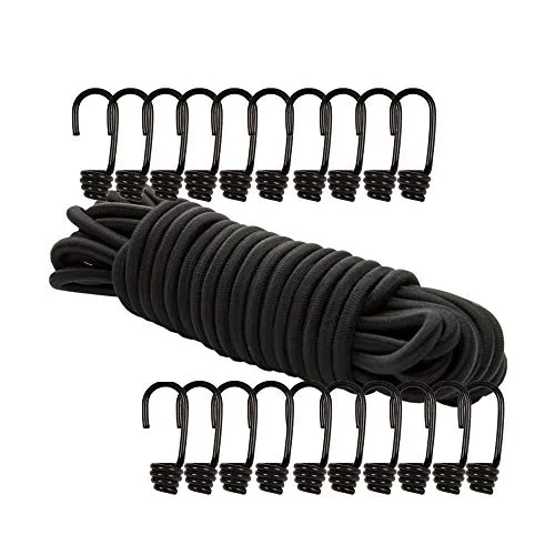 Dreamprint Expanderseil 20 m Schwarz 6 mm Gummiseil Gummischnur Spannseil Planenseil Gummileine elastisches Seil mit 20 Spiralhaken ø 6 mm