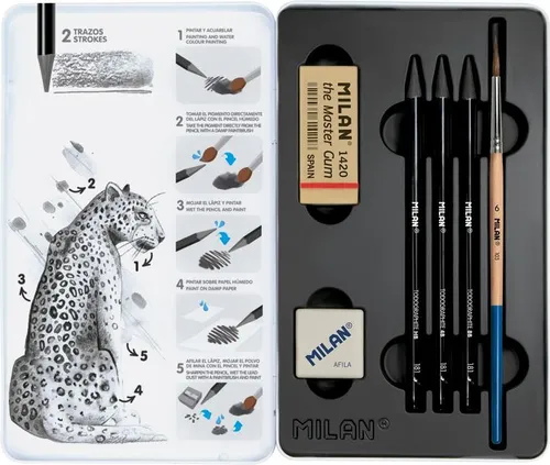 Milan Aquarell-Graphitstifte holzfrei 3 (hb/4b/8b) + 1 Anspitzer + 1 Radiergummi + 1 Pinsel im Metalletui
