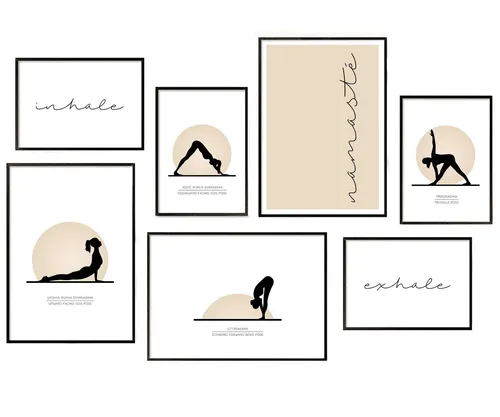 Hyggelig Home Poster Yogaposen, Premium Poster Set OHNE & MIT Rahmen, Wandbild schwarz weiß, Yoga (Set, 7 St), Collage Qualitätsdruck auf dickem Papier knickfrei