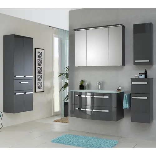 Badmöbel Set grau Hochglanz mit LED-Spiegelschrank und Hochschrank